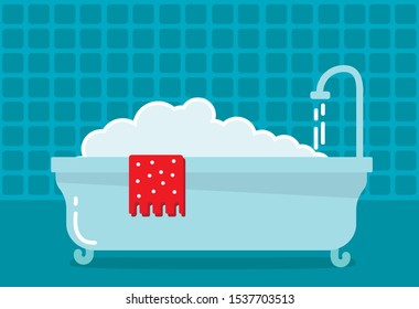 A bathtub with foam inside. Bathroom concept.  Cartoon style.