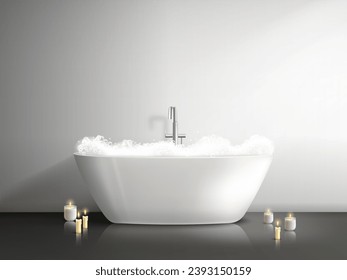 Bathtub with foam. Realistic bath tub bubble in bathroom interior, romantic candles, bubbly bathed bathr home basin or hotel water sink sanitary room vector illustration of bathtub with bubble foam