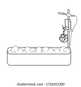 Bathtub with foam and shower on the counter. Style outline.