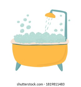 Bathtub with foam soap bubbles and shower. Hand drawn icon cartoon vector illustration. Concept of to be a clean