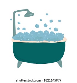 Bathtub with foam soap bubbles and shower. Hand drawn icon cartoon vector illustration. Concept of to be a clean