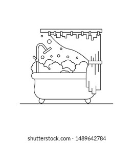 Bathtub with foam vector icon. Bathroom outline illustration.