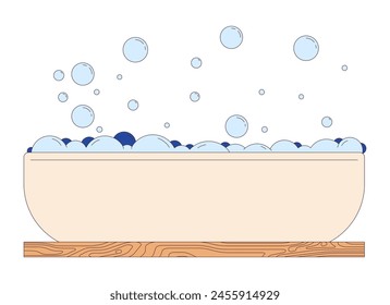 Bathtub with foamy water 2D linear cartoon object. Bath prepared for body washing and relaxation isolated line vector element white background. Spa procedures color flat spot illustration