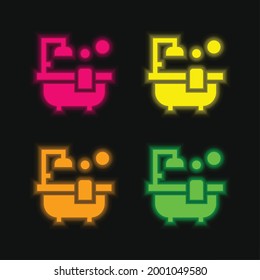 Bathtub four color glowing neon vector icon