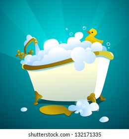 bathtub full of soap bubbles with yellow rubber duck. vector illustration