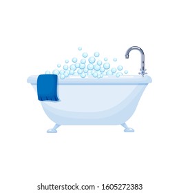 Bathtub full of soap foam bubbles with  blue towel  in a cartoon flat style vector illustration isolated on white background.