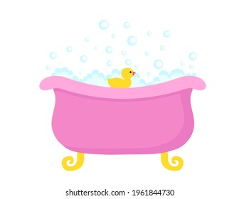 Bathtub full of soap foam bubbles with yellow rubber duck in a cartoon flat style. vector illustration