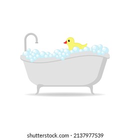 Bathtub full of soap foam bubbles with yellow rubber duck in a cartoon flat style vector illustration isolated on white background.