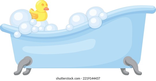 Bathtub Full Of Water With Rubber Duck. Bathroom Cartoon Icon