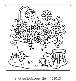 Bathtub Garden Coloring Page – Whimsical Flowers, Shower, and Frog in Nature