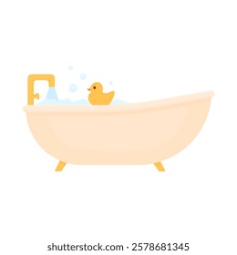 Bathtub with gold fittings in cartoon style on a white isolated background. Beautiful luxury bath. Classic bathtub with a rubber toy duck. Filled bubble bath, bathtub being filled