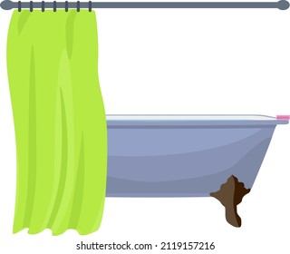 Bathtub with green curtain, illustration, vector on a white background.