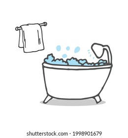 bathtub with hanging towel illustration on white background. bathtub with foam and bubble. hand drawn vector. bathroom design interior. doodle art for wallpaper, poster, banner, sticker, clipart,cover