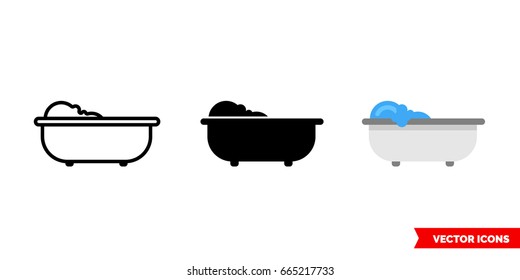 Bathtub icon of 3 types: color, black and white, outline. Isolated vector sign symbol.