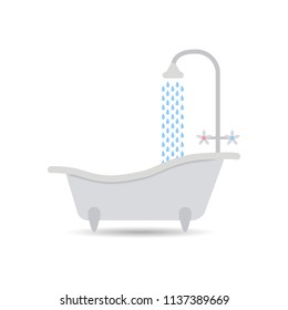Bathtub icon with flowing water. Bathtub vector isolated on a light background. Element for your design.