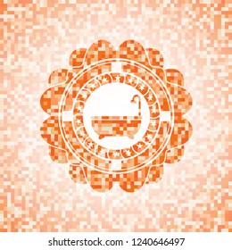 bathtub icon inside abstract emblem, orange mosaic background