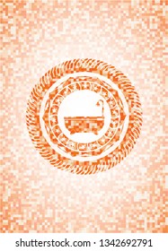 bathtub icon inside abstract emblem, orange mosaic background