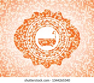 bathtub icon inside abstract emblem, orange mosaic background