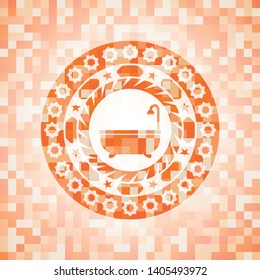 bathtub icon inside abstract emblem, orange mosaic background