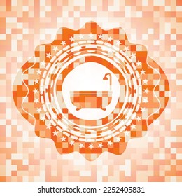 bathtub icon inside abstract emblem, orange mosaic background. 