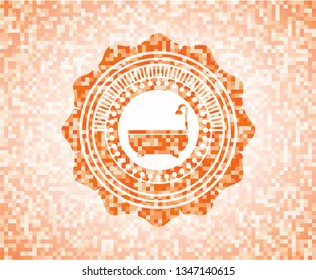 bathtub icon inside abstract orange mosaic emblem with background
