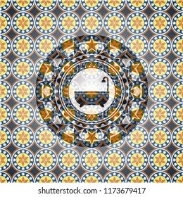 bathtub icon inside arabesque badge background. arabic decoration.