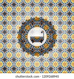 bathtub icon inside arabesque badge background. arabic decoration.