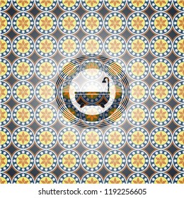 bathtub icon inside arabic badge. Arabesque decoration.