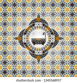 bathtub icon inside arabic badge background. Arabesque decoration.