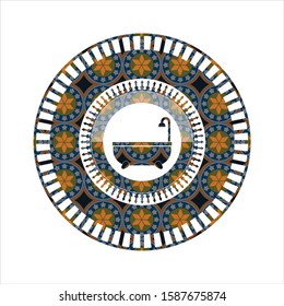 bathtub icon inside arabic badge background. Arabesque decoration.