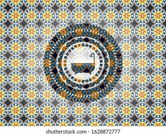 bathtub icon inside arabic badge. Arabesque decoration.