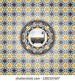 bathtub icon inside arabic style badge. Arabesque decoration.
