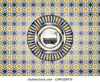 bathtub icon inside arabic style emblem. Arabesque decoration.