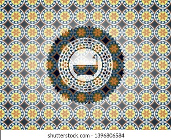 bathtub icon inside arabic style badge. Arabesque decoration.