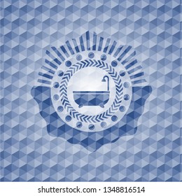 bathtub icon inside blue badge with geometric pattern background.
