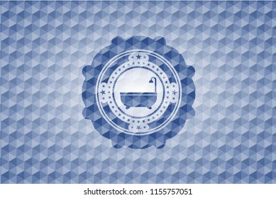 bathtub icon inside blue emblem or badge with abstract geometric polygonal pattern background.