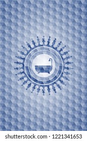 bathtub icon inside blue emblem or badge with abstract geometric polygonal pattern background.