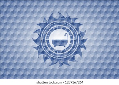 bathtub icon inside blue emblem with geometric background.