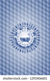 bathtub icon inside blue emblem or badge with abstract geometric polygonal pattern background.