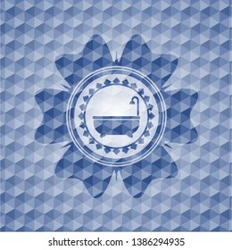 bathtub icon inside blue emblem or badge with abstract geometric polygonal pattern background.