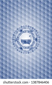 bathtub icon inside blue emblem with geometric background.