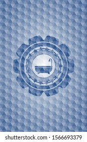 bathtub icon inside blue emblem or badge with geometric pattern background.