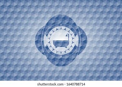 bathtub icon inside blue emblem or badge with geometric pattern background.