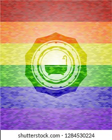 bathtub icon inside emblem on mosaic background with the colors of the LGBT flag