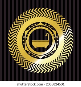 bathtub icon inside gold shiny badge. 