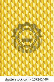bathtub icon inside golden emblem or badge. Scales pattern. Vector Illustration. Detailed.