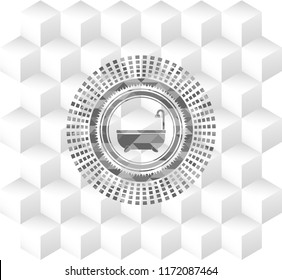 bathtub icon inside grey badge with geometric cube white background