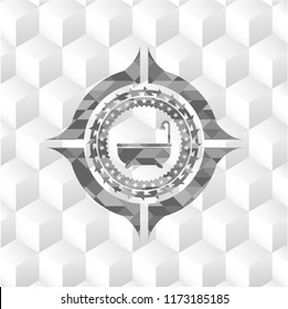 bathtub icon inside grey badge with geometric cube white background