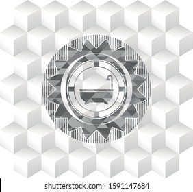 bathtub icon inside grey badge with geometric cube white background