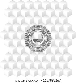 bathtub icon inside grey emblem with geometric cube white background